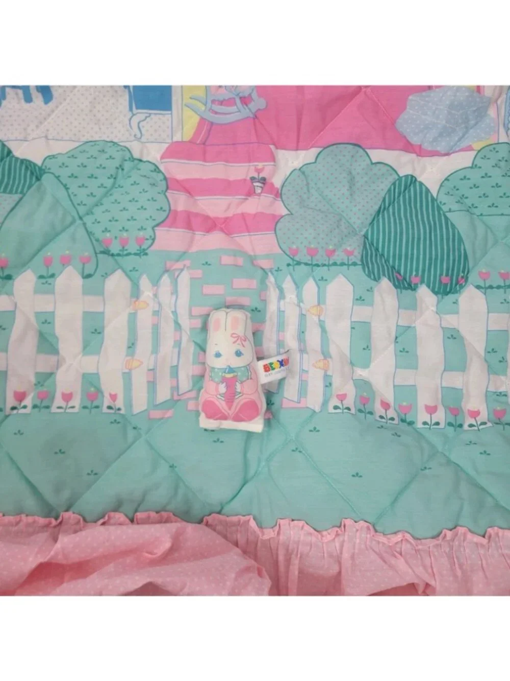 Vintage Bedkins Girls Ruffle Twin Comforter Coverlet Pink Plush Bunny Dollhouse